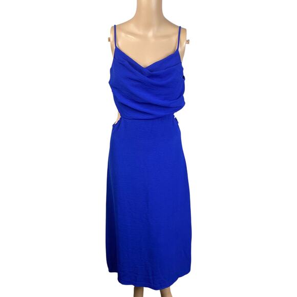 NWT Rolla Coster Royal Blue Cowl Draped Neck Cut Out Midi Slip Dress SZ L - Picture 1 of 8